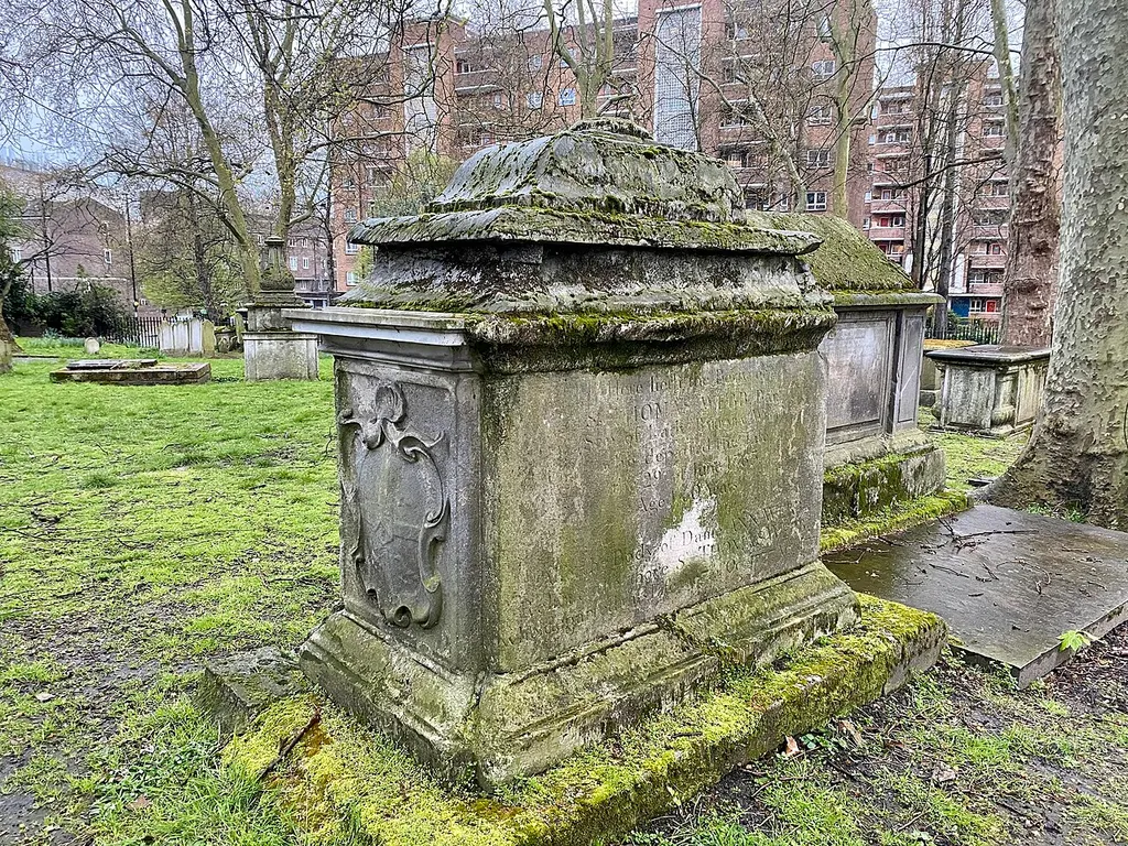 The tomb of Sir Thomas Webb, 4th Baronet Webb of Odstock and his wife Anne Webb in the churchyard of St Pancras Old Church, April 2023 This is a photo of listed building number 1322046.