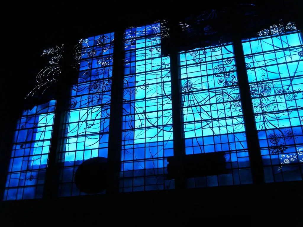 Stained glass by John Piper – St Andrew's Church, Wolverhampton, West Midlands. The window represents the Sea of Galilee.