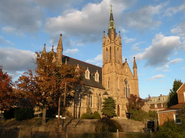 Picture of St. Philip Roman Catholic Church located at 50 West Crafton Avenue in Crafton, Pennsylvania, on October 31, 2010. Built in 1906, architect William P. Ginther, the church is on the List of Pittsburgh History and Landmarks Foundation Historic Landmarks.