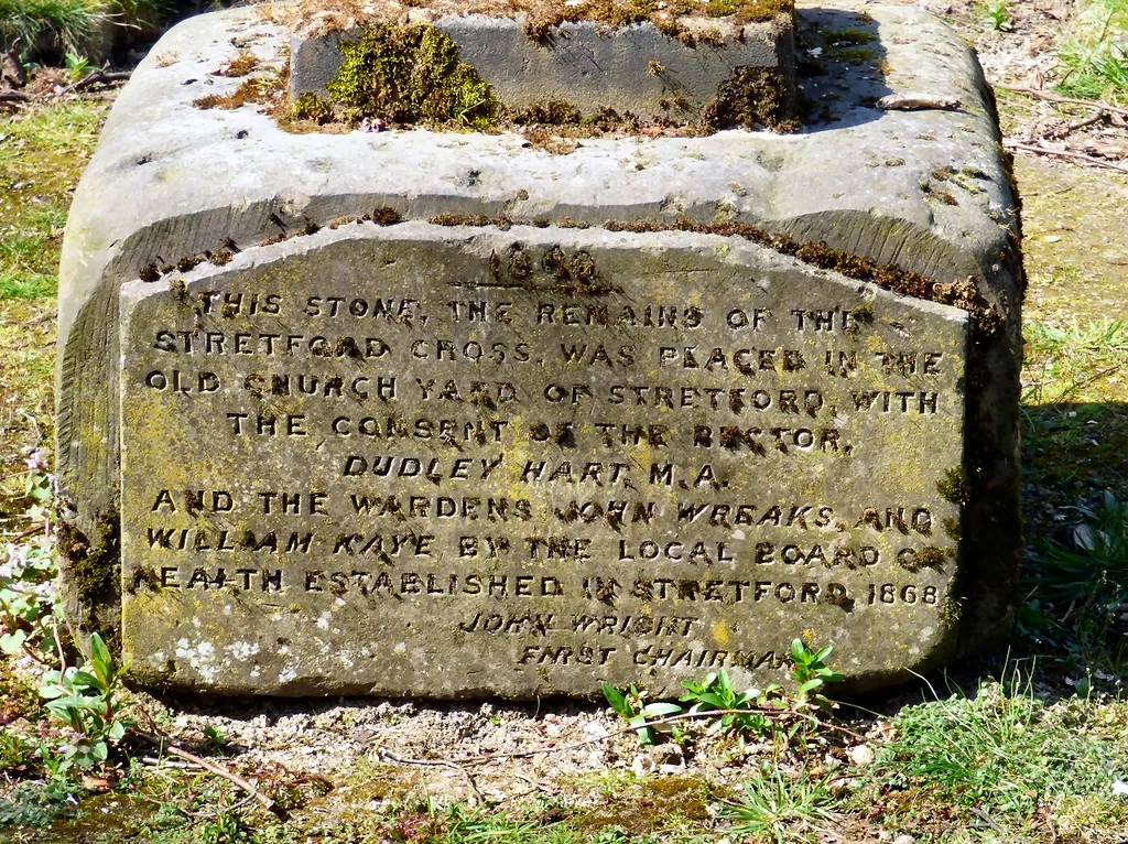 Photograph of a cross base in the churchyard of St Matthew's Church, Stretford, Greater Manchester, England
