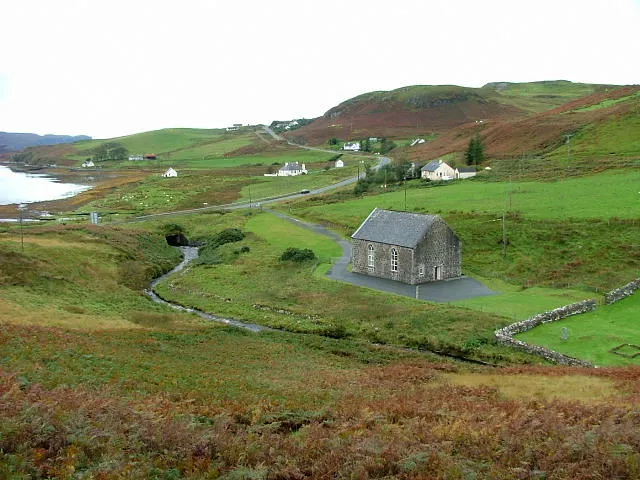 Free Presbyterian Church at Bracadale The head of Loch Beag is to the left.