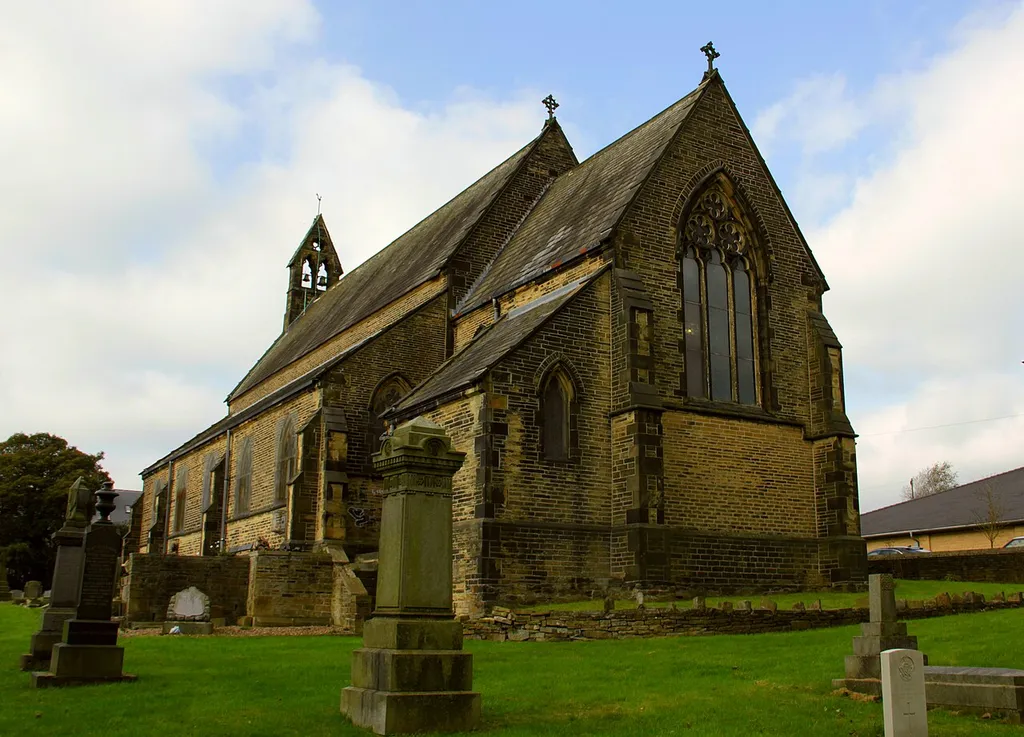 Church of St Michael and All Angels, Shelf, Halifax, West Yorkshire, England. Designed by Mallinson &amp; Healey, and completed in 1850. All carving of 1850 is by Robert Mawer. Showing church viewed from south-east.