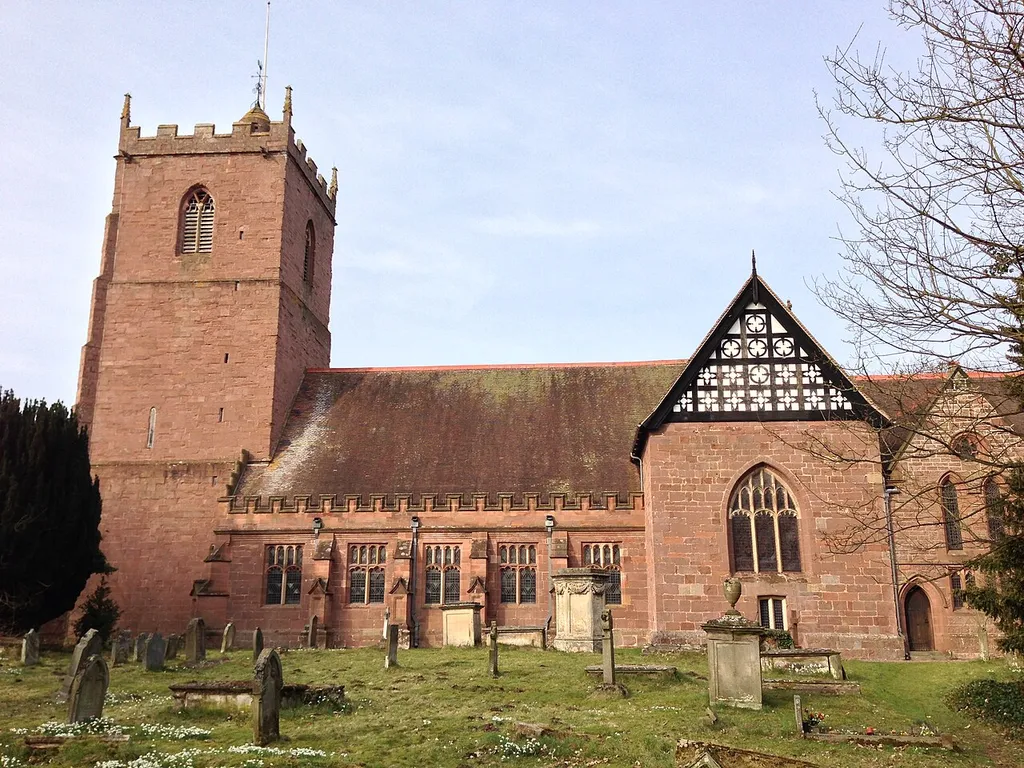 Nave, west tower and south transept of SS Andrew and Mary's parish church, Condover, Shropshire, seen from the south