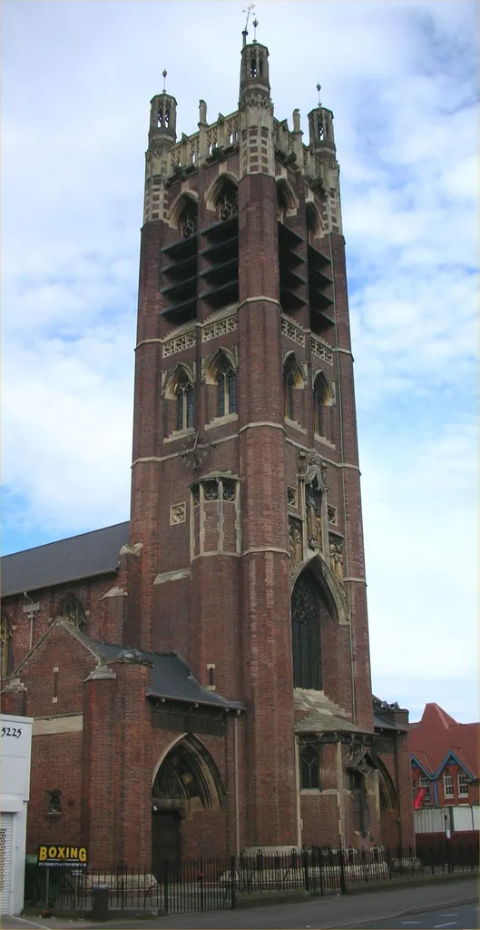 Northeast tower of St Agatha's parish church, Stratford Road, Sparkbrook, Birmingham, seen from the east