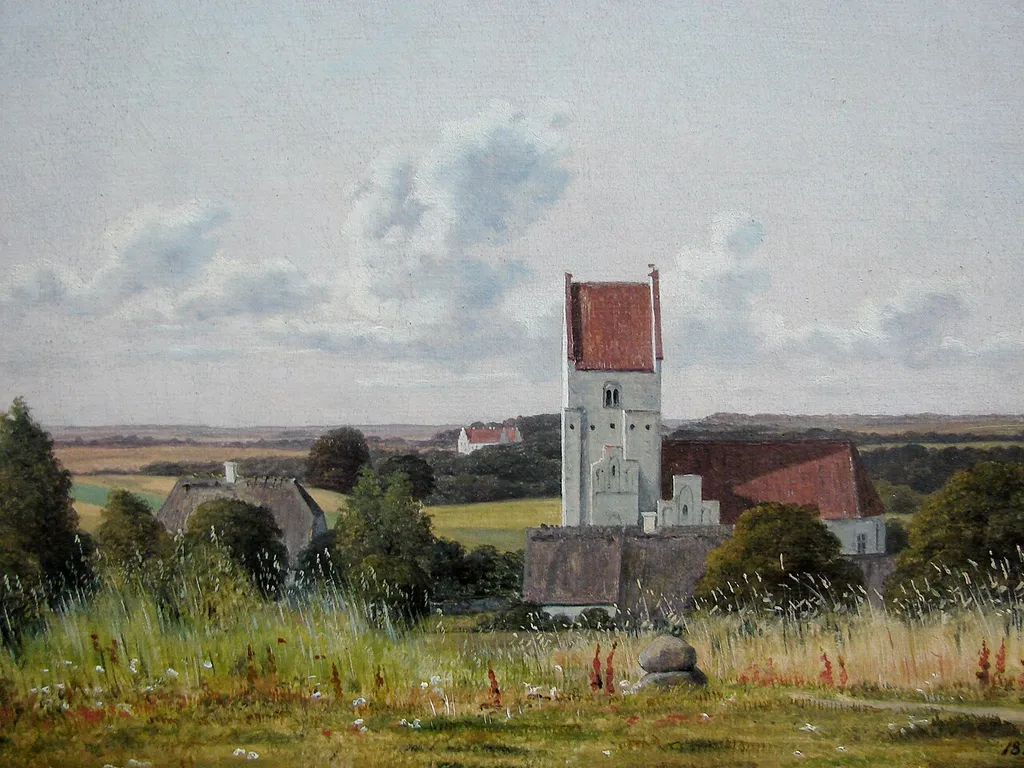 Vester Egede Kirke. I baggrunden Gisselfeld Kloster