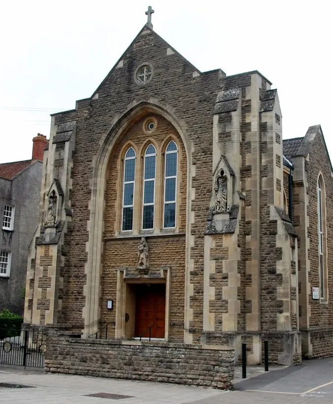 The front of The Church of Our Lady St Mary of Glastonbury, as seen from Magdalene Street.