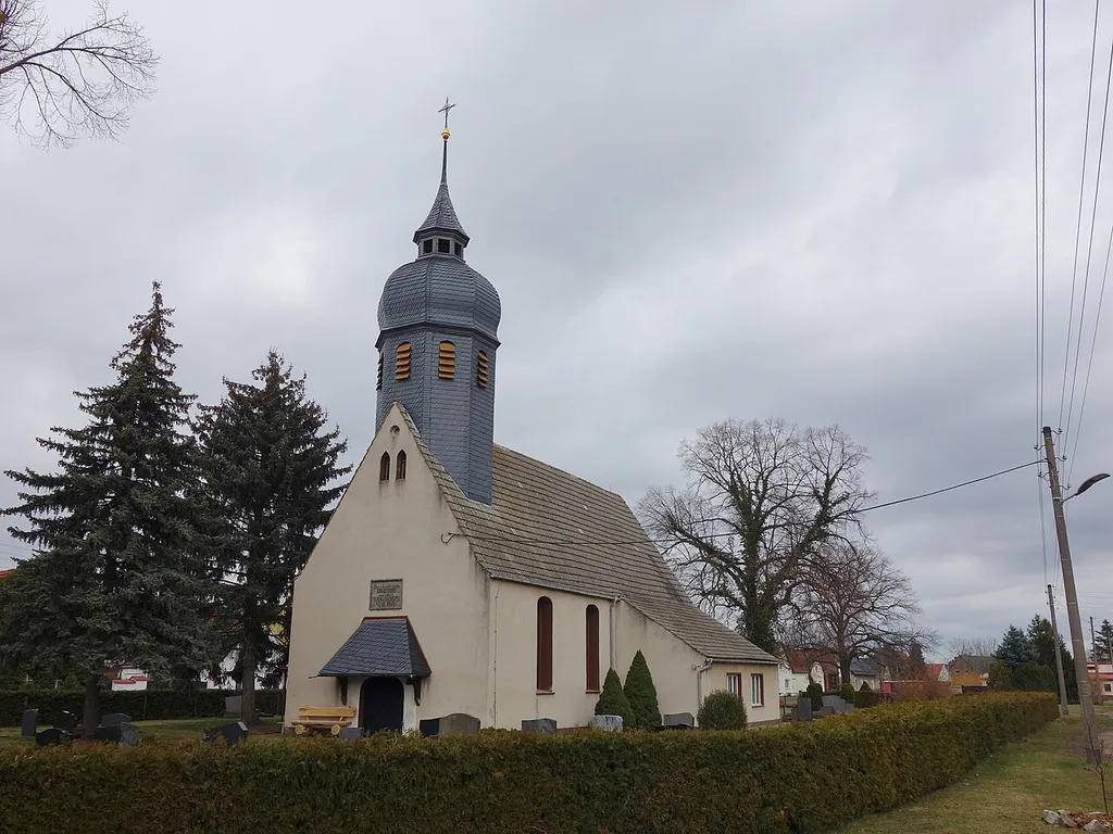 South-western view of the church in Jeßnigk , Schönewalde municipality , Elbe-Elster district, Brandenburg state, Germany.