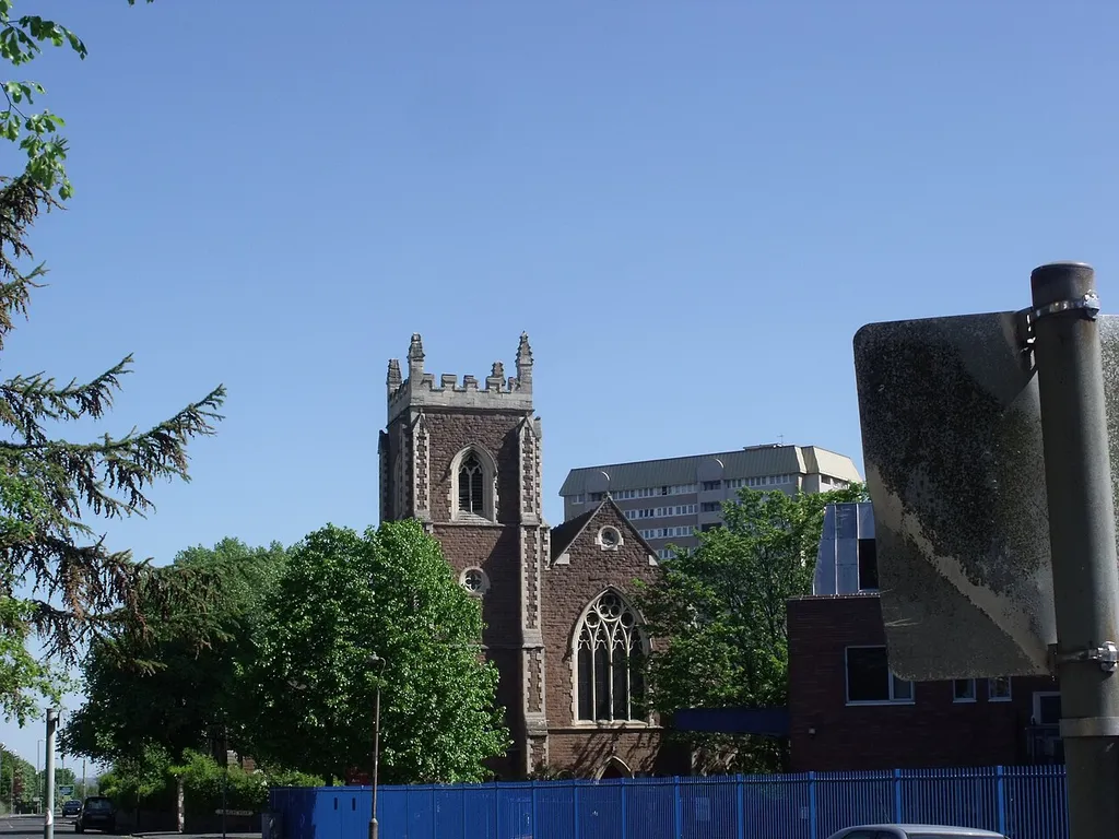 Parish church of St John the Evangelist and St Peter, Ladywood, Birmingham, seen from the northwest from Monument Road