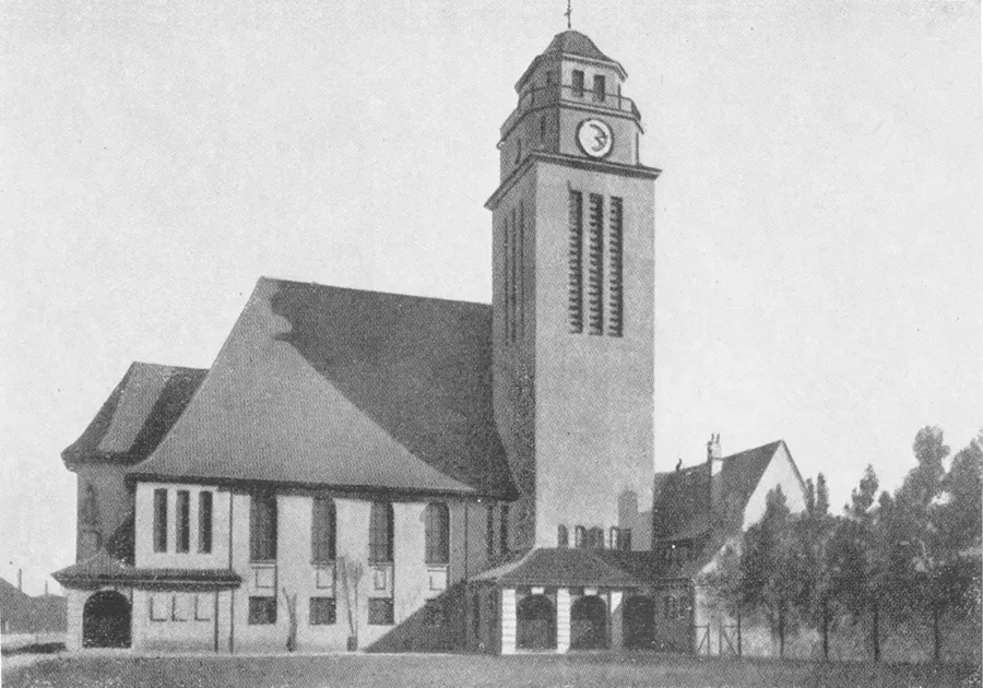 evangelische Königin-Luise-Gedächtniskirche in Breslau, Ofener Straße; erbaut 1913-1915 nach siegreichem Wettbewerbsentwurf des Architekten Ewald Wachenfeld; 1945 zerstört