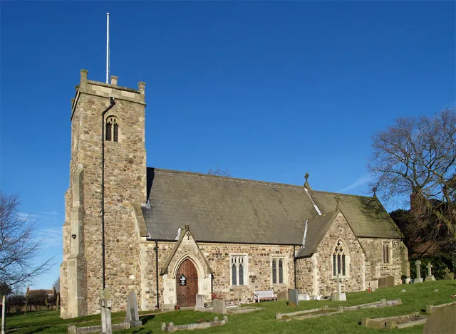 Church of St. Michael - Catwick, East Riding of Yorkshire, England.Pevsner says "Cobble with stone dressings. The W tower is Perp. The rest of the church was rebuilt in 1862-3, to the designs of Mallinson &amp; Healey, using old materials.."