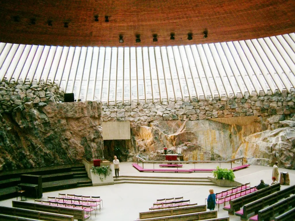 The Temppeliaukio Church in Helsinki, Finland. The altar.