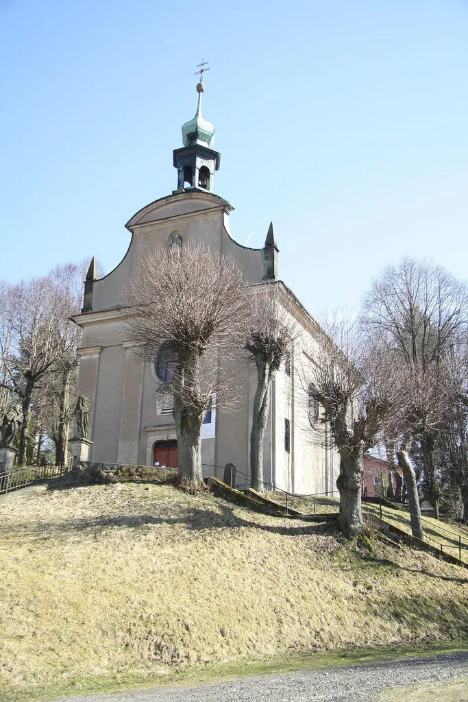 Front view of Church of the Assumption in Dolina, Vilémov, Děčín District.
