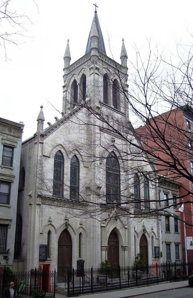 St. Stanislaus Bishop and Martyr Church at 107 East 7th Street between First Avenue and Avenue A in the East Village neighborhood of Manhattan, New York City was built in 1899-1901, and was designed by Arthur Arctander in the Gothic Revival style. The Roman Catholic parish predates the building, starting in 1873, the first Polish Roman Catholic parish in the city. Before its current sanctuary, it occupied the Stanton Street Dutch Reformed Church (1845) which had subsequently been used by Congregation B'nai Israel. The St, Stanislaus Bishop and Martyr Church is located within the East Village/Lower East Side Historic District (Sources: "East Village/Lower East Side Historic District Designation Report" and From Abyssinian to Zion (2004))
