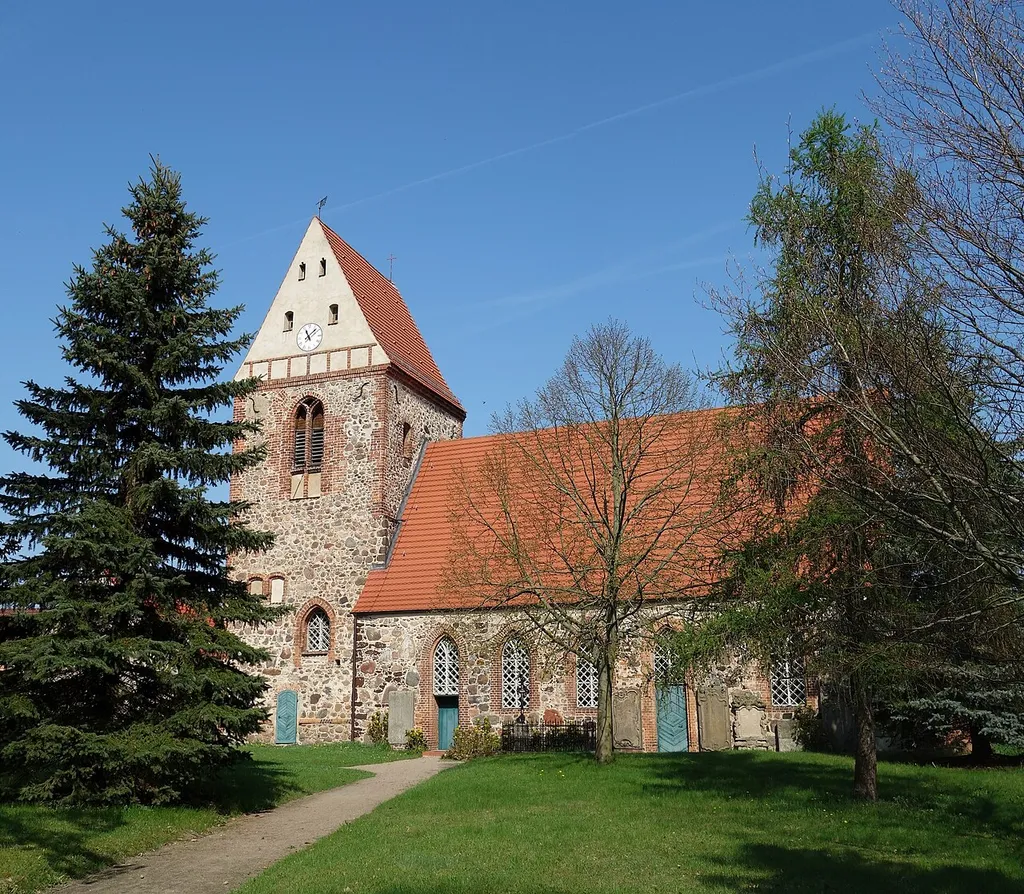 Southern view of the church in Schlalach , Mühlenfließ municipality, Potsdam-Mittelmark district, Brandenburg state, Germany
