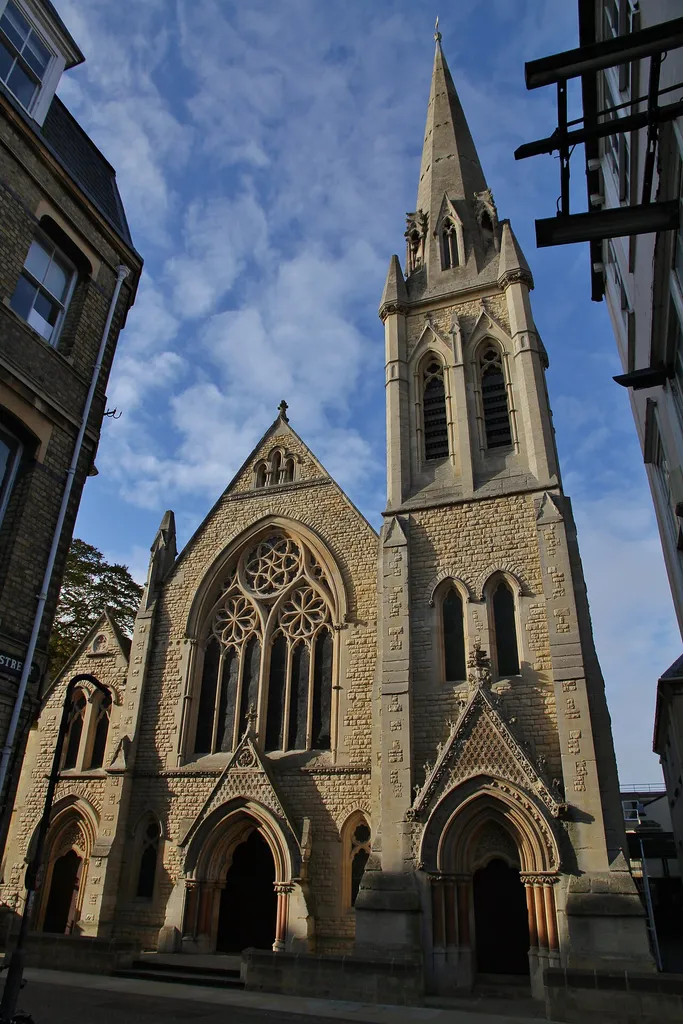 Wesley Memorial Methodist Church, New Inn Hall Street, Oxford: the east front, showing the steeple.