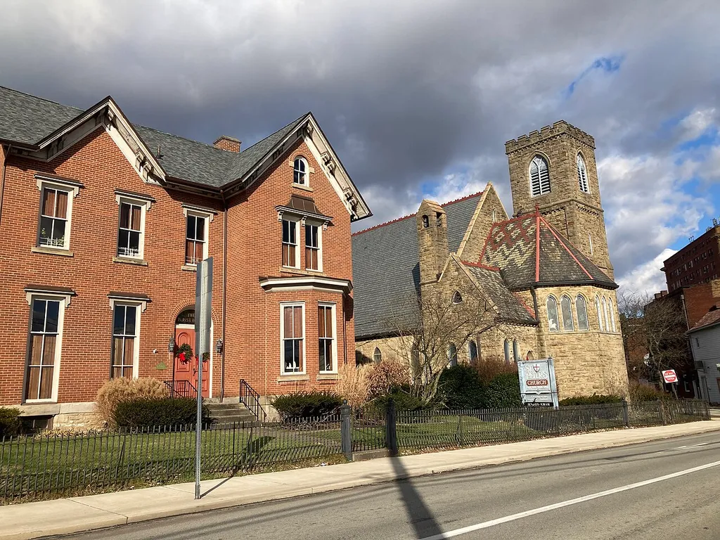 St. Peter’s Anglican Church and parish hall in Uniontown, Pennsylvania. Founded in 1838 and built in 1885, St. Peter’s was the childhood home church of Uniontown native George C. Marshall. In the 2000s, St. Peter’s joined most of the Diocese of Pittsburgh in disassociating from the Episcopal Church as part of the Anglican realignment. It is currently part of the Anglican Diocese of Pittsburgh in the Anglican Church in North America.