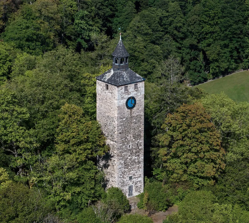 Tower of the castle ruin Altes Schloss in Bad Berneck, aerial view.