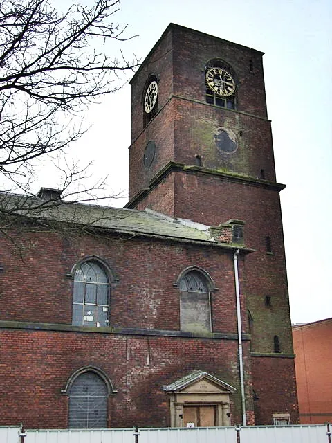 West tower of the former parish church of St John the Evangelist, Town Road, Hanley, Staffordshire, seen from the northeast