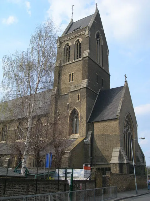 East end of St Matthias' parish church, Wordsworth Road, London N16, seen from the southeast