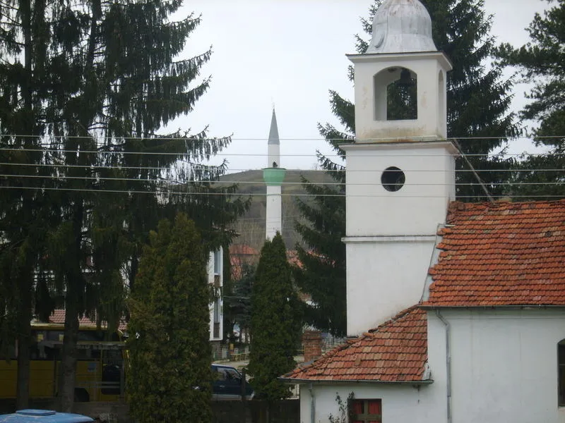 The church and the mosque in the center of the village