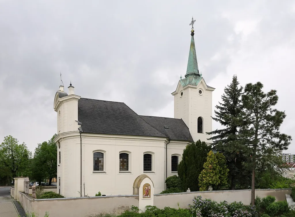 Church of Saints Peter and Paul (Radotín, Prague, Czechia) taken from the nearby footbridge