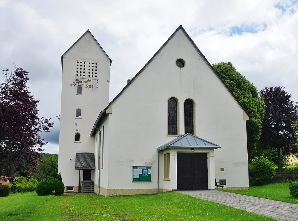 View of the west entrance and church tower of the Ruschberg Catholic Church.