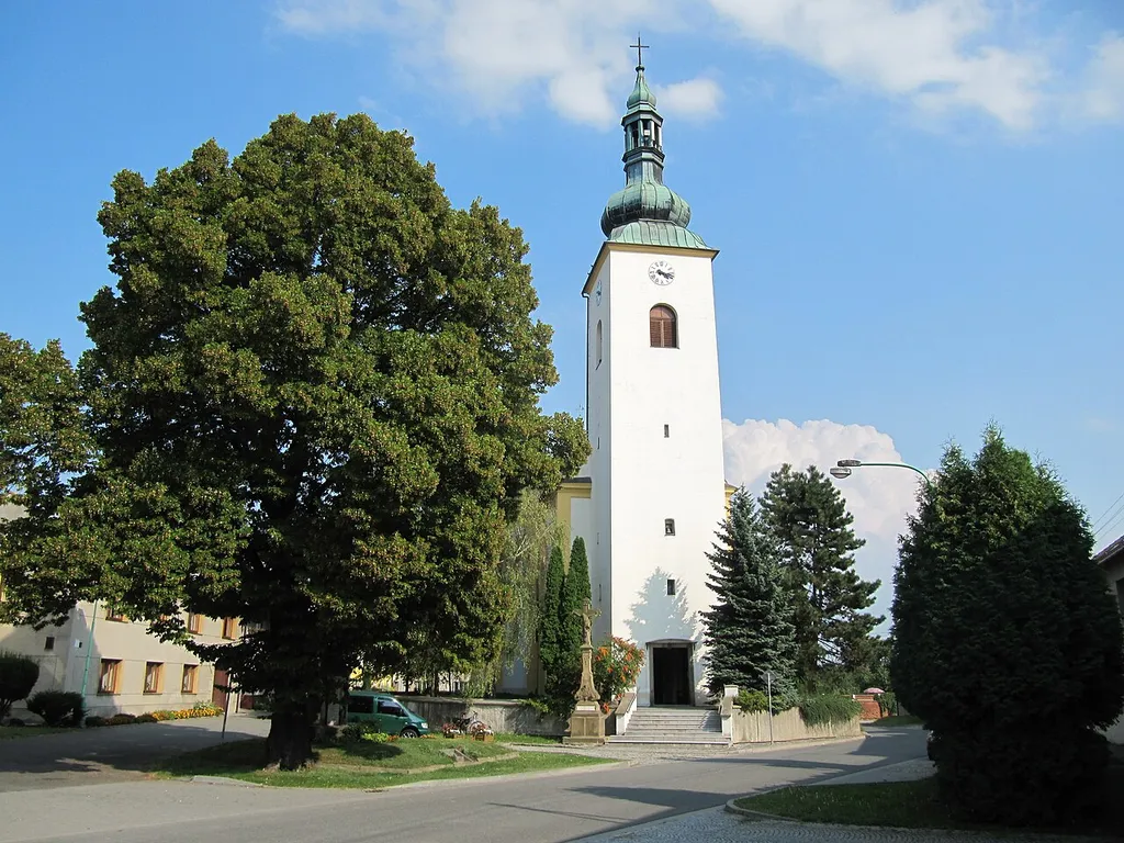 Těšetice in Olomouc District, Czech Republic. Church of St. Peter and Paul with a 35 m high tower.