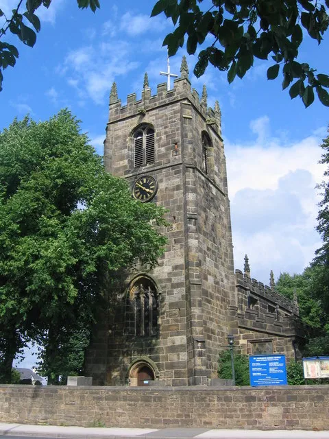 St Leonard's Parish Church. Shirland Seen here is the buttressed west tower of St Leonard's Church, along side the A61 north of alfreton. Parts of the Church date from 1220 but the majority of the existing Church is 15th Century. It is part of a Benefice with the Church of England churches in Stonebroom 221340 and Morton 230345.