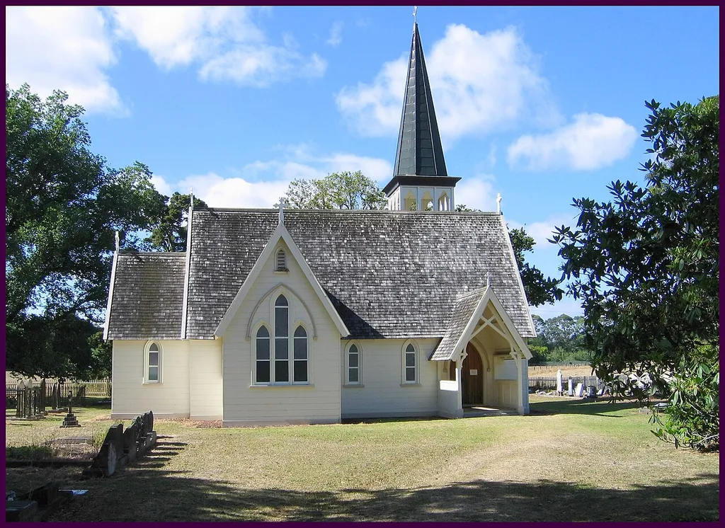 The Historic Holy Trinity Church at Pakaraka can be found on state highway one Northland, It is a fine example of timber Gothic Revival architecture. it was built by the sons of Archdeacon Henry Williams, and opened in 1851. The Church is a Category One Historic Place.