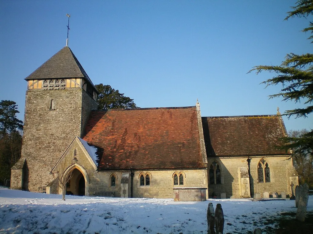 St Giles' parish church, Coldwaltham, West Sussex, England, seen from the southeast in snow