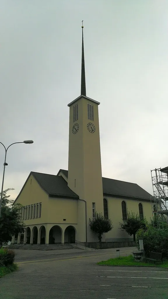Reformed church of Derendingen, canton of Solothurn, Switzerland. Originally built 1897-1899 by architect Friedrich Widmer (1870-1943) but completely rebuilt, modernized and with a new spire by Karl Indermühle (1877-1933) in 1932-1934. It is listed as a cultural heritage monument of regional significance (KGS no.: 13504).