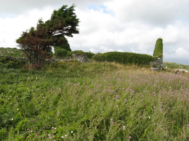Ruined church The ivy-covered ruin of a small church just above the shore. There is no information regarding whose church it was, nor when it became a ruin. According to the OSI six-inch map it is known as Templeinishmackauv Church and is acknowledged as a ruin. The solitary yew tree is looking rather seedy and wind-blown.