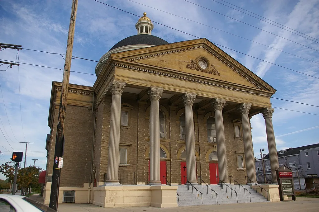 A view of the Shiloh Baptist Church at 5500 Scoville Avenue, in Cleveland, Ohio. The structure was built in 1905 as Temple B'nai Jeshurun. It was designed by Harry Cone, architect. It is listed on the National Register of Historic Places.