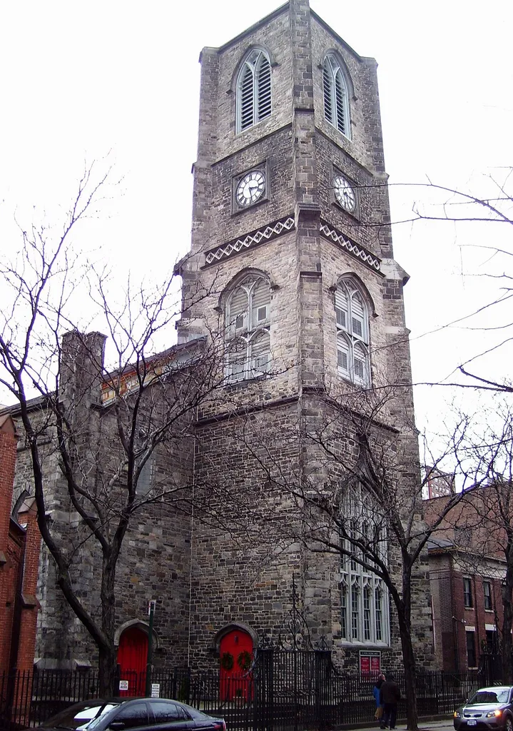 St. Peter's Episcopal Church, at 346 West 20th Street between 8th &amp; 9th Avenues in the Chelsea neighborhood of Manhattan, New York City, was founded in 1831 on land leased from Clement Clarke Moore, who later deeded it to the congregation. (He was also a warden, vestryman and organist for the church.) It was an outgrowth of the nearby General Theological Seminary, also built on land Moore donated. The Gothic Revival building itself was built in 1836-1839 by James W. Smith after designs by Moore. The rectory next door (which was the original chapel for the congregation) was built in 1832. The East Hall (built 1854, facade added 1871) is now used by the Atlantic Theatre Company Both buuldings are in the Chelsea Historic District. (Sources: AIA Guide to NYC, (4th ed.), Guide to NYC Landmarks (4th ed.), Church website)