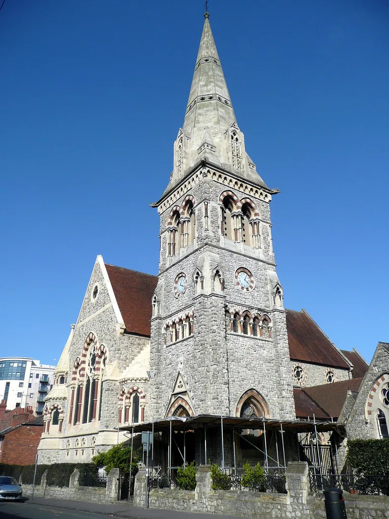 Polish Roman Catholic Church of the Sacred Heart, Watlington Street, Reading, Berkshire, seen from the southwest. Completed 1873 as a Church of England parish church, replacing an earlier church of 1837.