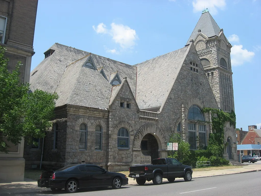 Eastern front of the former First Presbyterian Church, located at 101 S. Lafayette Street in South Bend, Indiana, United States. Built in 1888, it is listed on the National Register of Historic Places, and it is part of a Register-listed historic district, the West Washington Historic District.