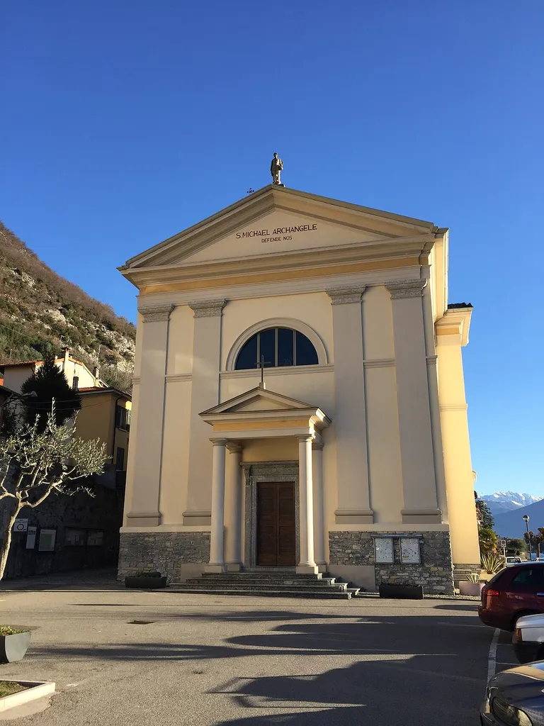 Facade of Church of San Michele Arcangelo, Colonno (CO), Italy