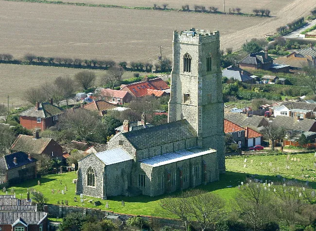 Saint Mary's church, Happisburgh, Norfolk, England viewed from the air.