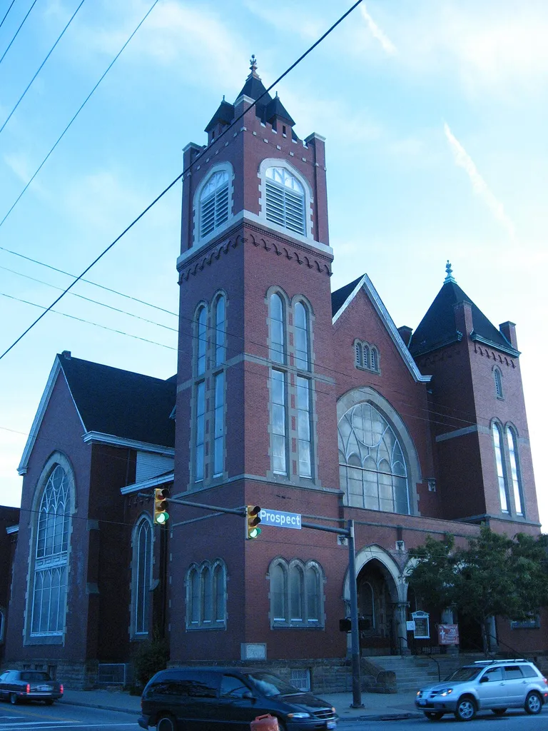 View of Zion Lutheran Church, a National Register of Historic Places site at the intersection of Prospect Avenue and 30th Street in Cleveland, Ohio, United States.