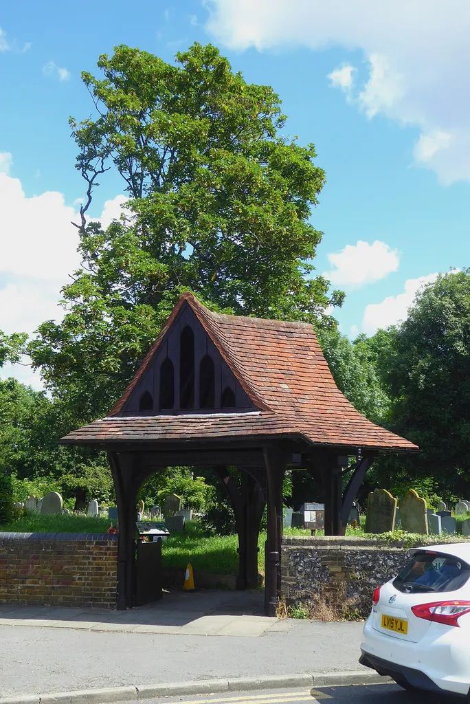 Lychgate of the Churchyard of Saint Paulinus, Crayford, London Borough of Bexley. This is a photo of listed building number 1064200.