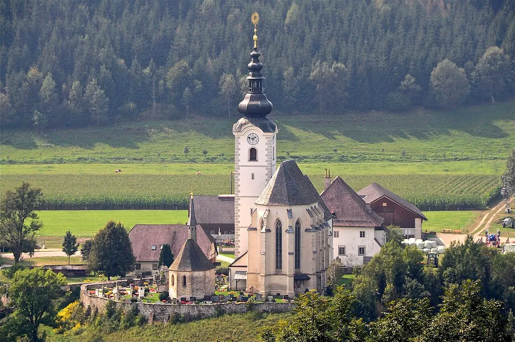 Rectory, parish church Saint Margaret, cemetery with lantern of the dead and ossuary in Lieding, municipality Straßburg, district Sankt Veit, Carinthia, Austria, EU