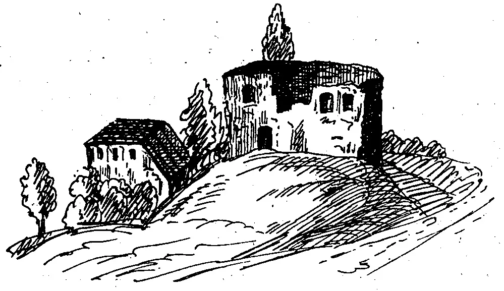 Original Bildbeschreibung: Ruine Waldau, angeblich 1474. Federzeichnung in der Sammlung Erhard Gmünd "treu nachgezeichnet v. J. Schertler in Lorch 1861".