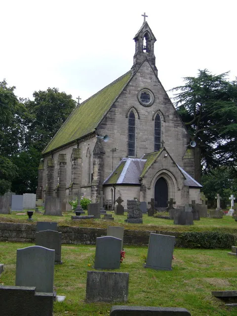 St Chad's parish church, Freehay, Cheadle, Staffordshire, seen from the west. Designed by GG Scott and WB Moffatt and built 1842–43.Why the loudspeakers at each corner?