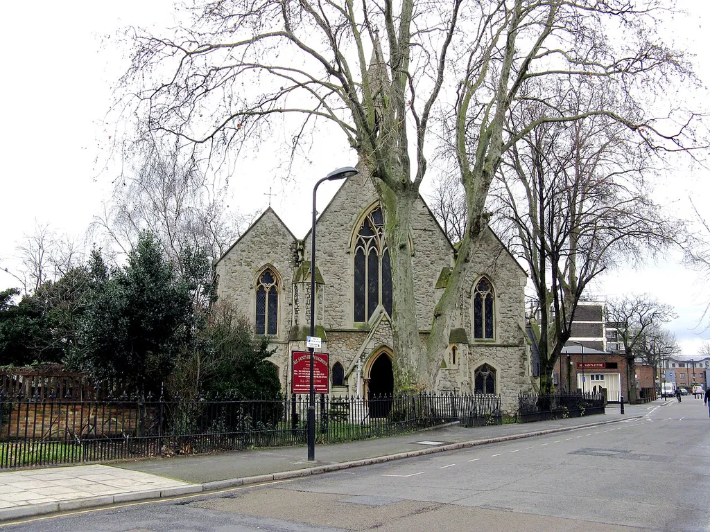 All Saints' parish church, Haggerston Road, London E8, seen from the west