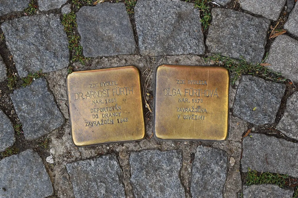 Stolpersteine on the square in Sušice commemorating Dr. Arnošt Fürth and Olga Fürth