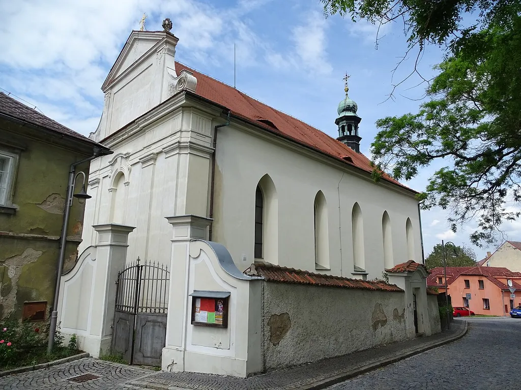 Benátky nad Jizerou I, Mladá Boleslav District, Central Bohemian Region, Czechia. Ladislava Vágnera street, Church of Saint Mary Magdalene.
