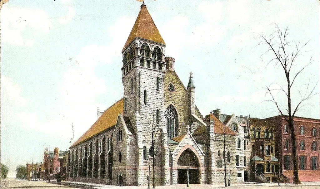 The former Christ Reformed Episcopal Church in Chicago. Pictured in 1908 postcard, the church was located at 2401 South Michigan Avenue, the church closed circa 1924 and its Tiffany stained glass windows were relocated to Trinity REC.