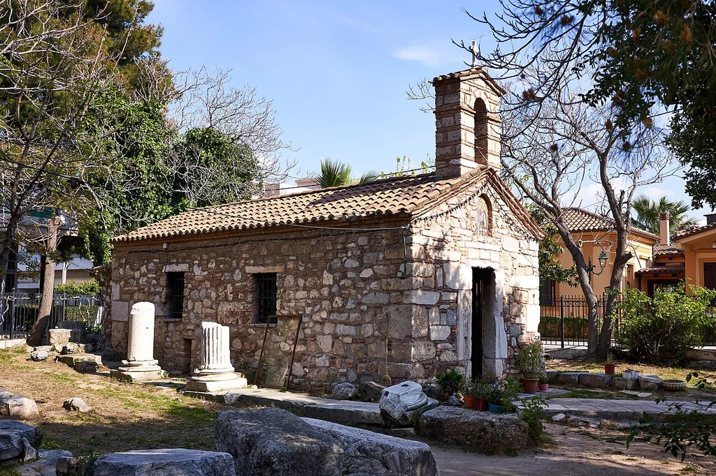 The post-Byzantine church of Hagios Zaharias at Eleusis. The church was built on the ruins of a 5th-century Christian basilica and materials from the nearby Sanctuary of Demeter were incorporated into its walls.