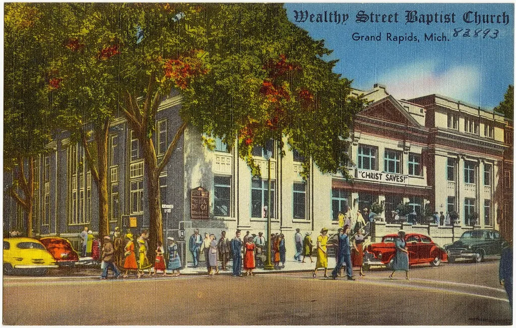 Title: Wealthy Street Baptist Church, Grand Rapids Subjects: Churches Places: Michigan > Kent (county) > Grand Rapids Notes: Title from item. Extent: 1 print (postcard) : linen texture, color ; 3 1/2 x 5 1/2 in. Accession #: 06_10_014861