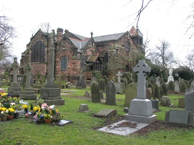 Christ Church, Timperley. A view of the church across the graveyard. The church stands on the corner of Ridgeway Road.